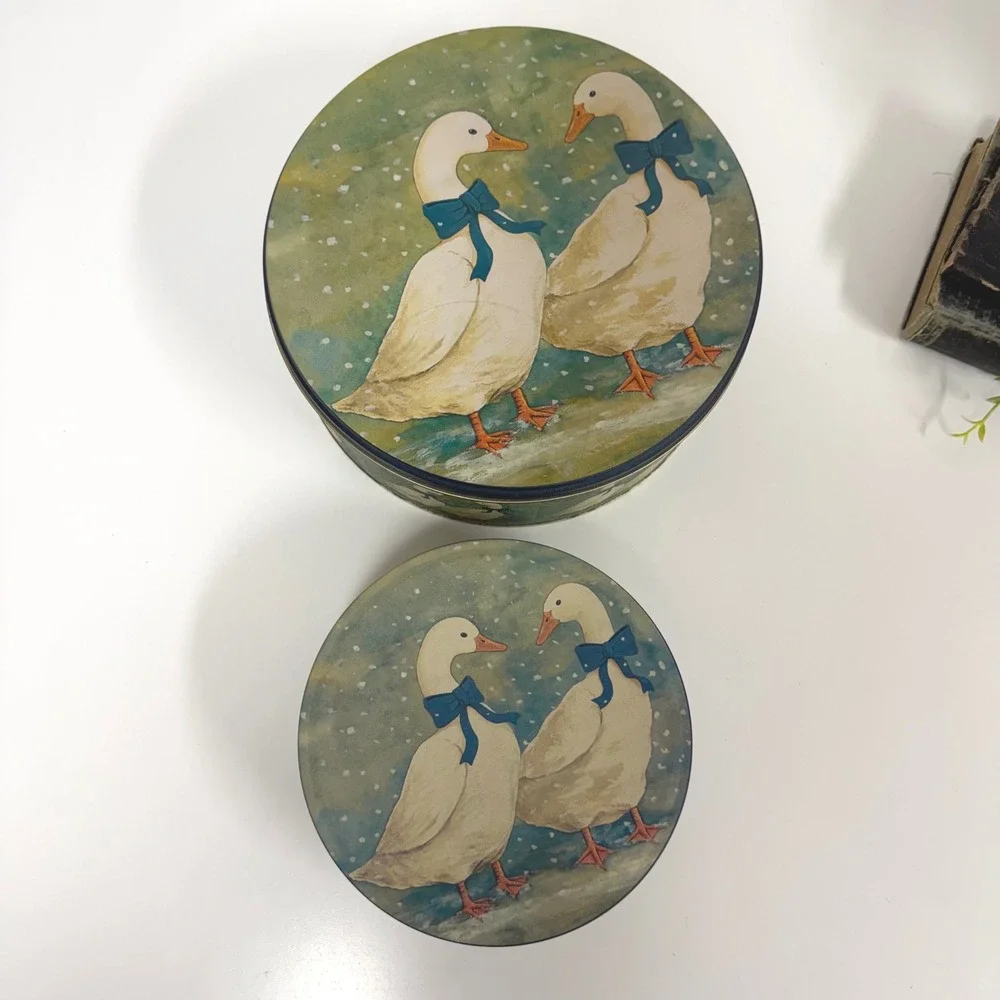 Vintage Country Geese Nesting Tins Set of 2 Blue Bow Goose Round Metal